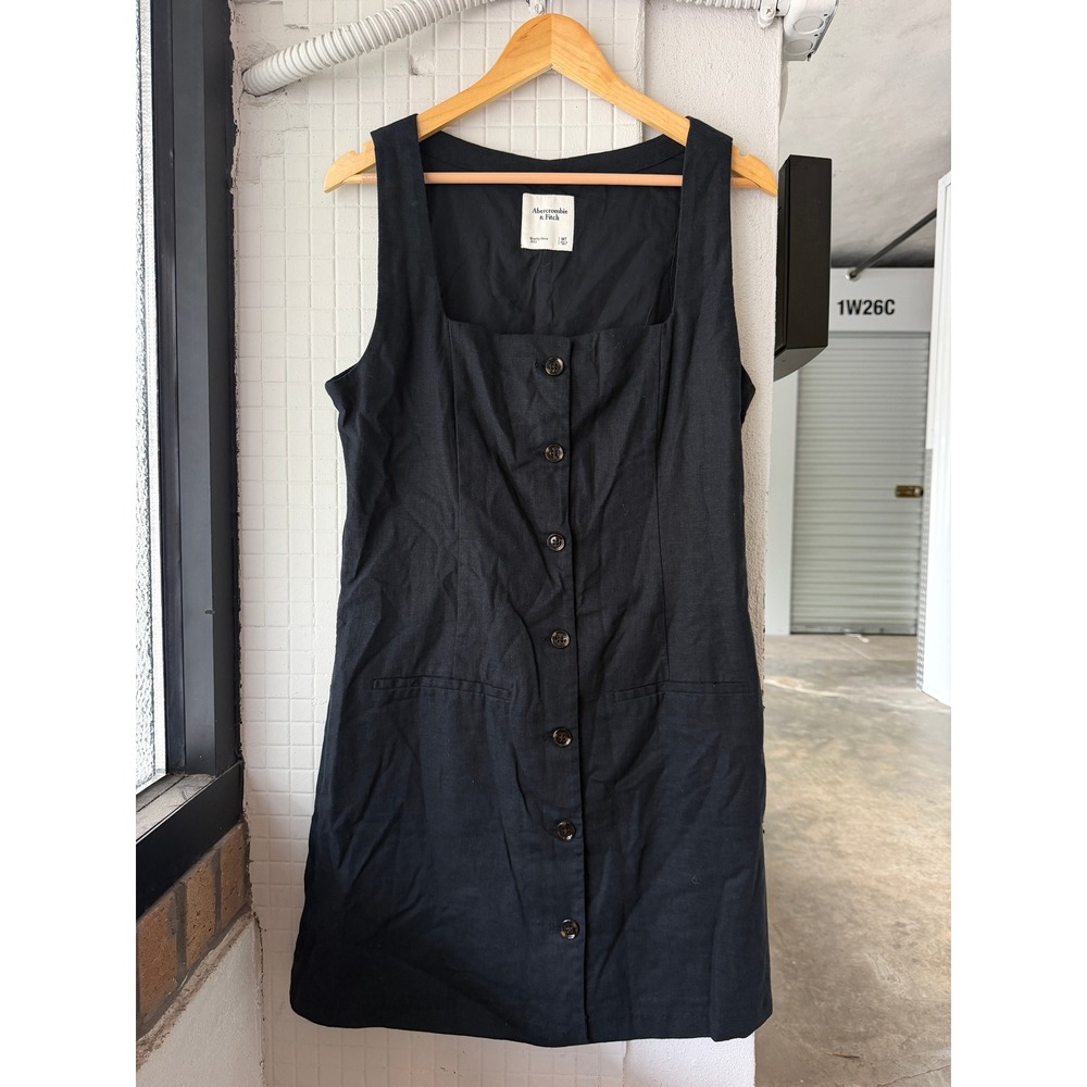 Abercrombie & Fitch Black Linen Blend Button Front Square Neck Dress MT Tall - Picture 2 of 7